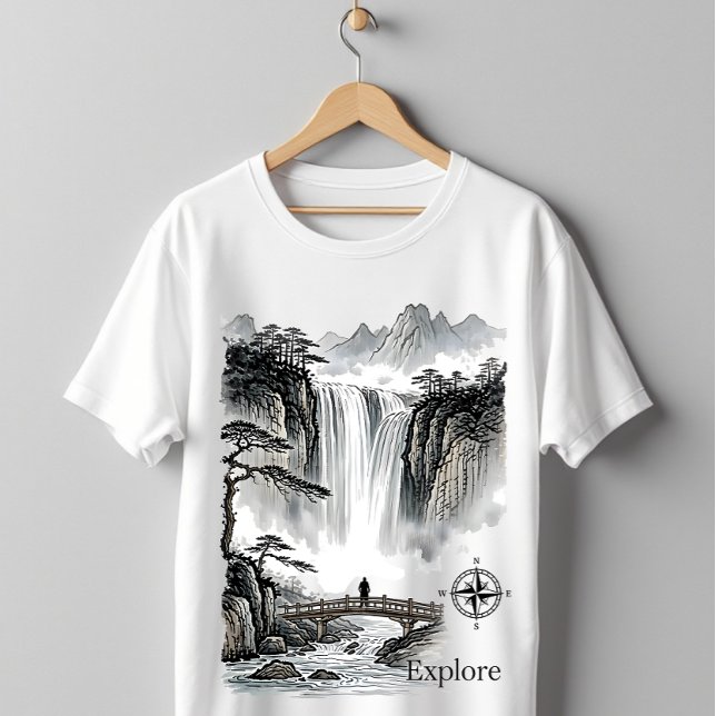 Camiseta Japanese Sumi-e Waterfall Zen Explore Landscape (Subido por el creador)