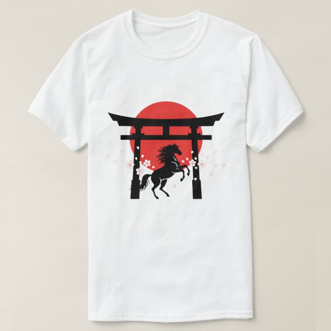 Camiseta Japanese Sunrise Torii & Horse Silhouette Art (Diseño del anverso)