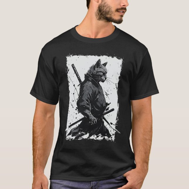 Camiseta Japón Samurai Cat Twin Katanas Art Japonés Ukiyo- (Anverso)