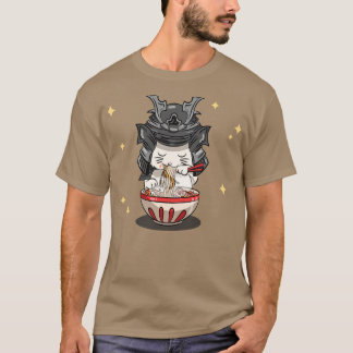 Camiseta Japonés Kawaii Samurai Neko Cat Kitten Ramen Nood