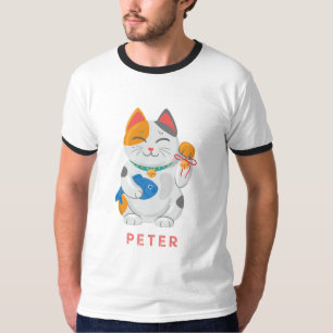Camiseta Japonés Maneki Neko Gato Blanco, símbolo de buena 
