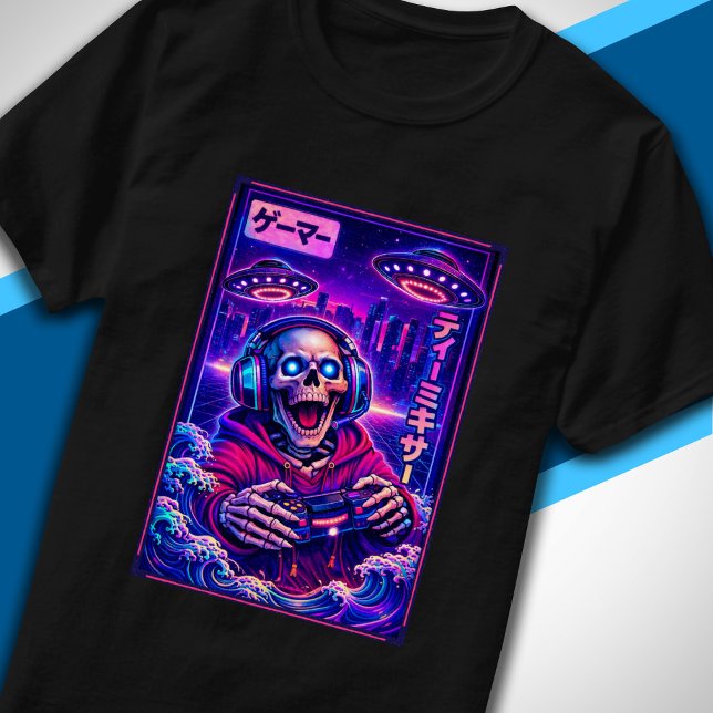 Camiseta Japonés Synthwave Ciencia Ficción OVNI Esqueleto G (Subido por el creador)