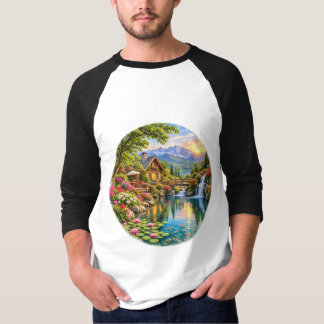 Camiseta Jardín de cabaña alpina lago de montaña amanecer