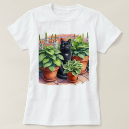 Camiseta Jardín de Hosta y Gato Negro Acuarela 
