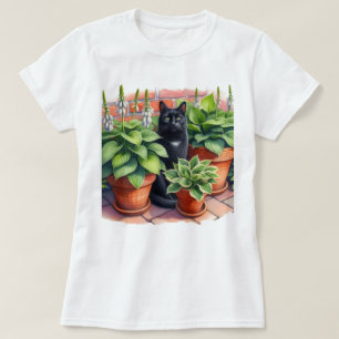 Camiseta Jardín de Hosta y Gato Negro Acuarela