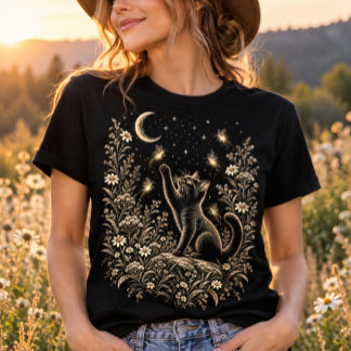 Camiseta Jardín de luciérnagas bajo la luna con gato negro