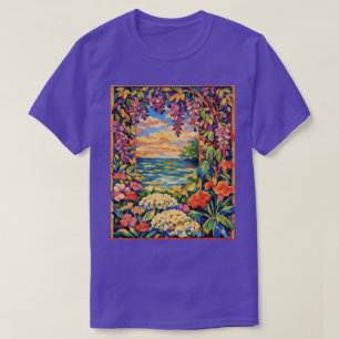 Camiseta Jardín de puesta de sol oceánico floral vibrante –