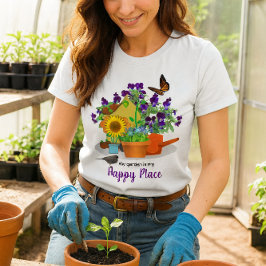 Camiseta Jardín Feliz Flores Pájaro y Mariposa Blanco