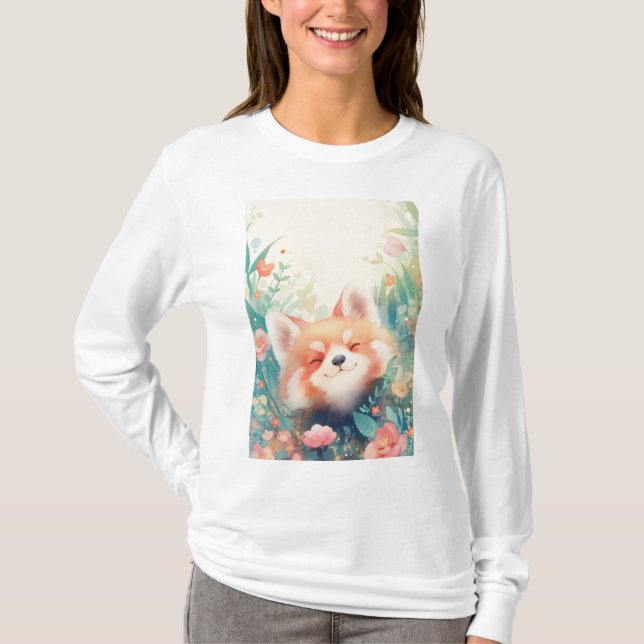 Camiseta Jardín Floral de Panda Rojo (Anverso)