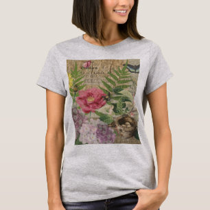 Camiseta Jardín Floral Nido de Pájaro Flor Mariposa Arte