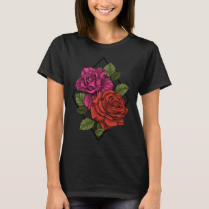 Camiseta Jardín Geométrico Moderno Rosas Rosadas y Rojas