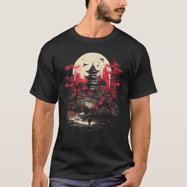 Camiseta Jardín japonés Sunset Bridge Crane Nature Lover D (Anverso)