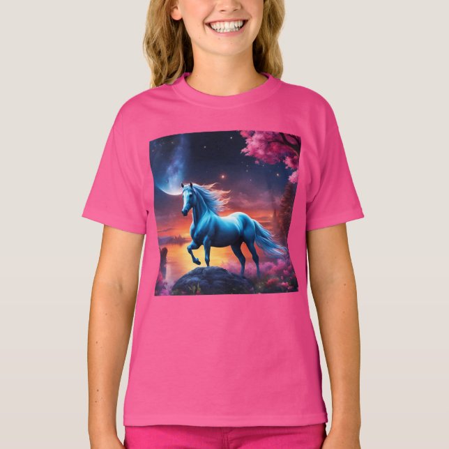 Camiseta Jardín rosa de la fantasía del Stallion blanco (Anverso)
