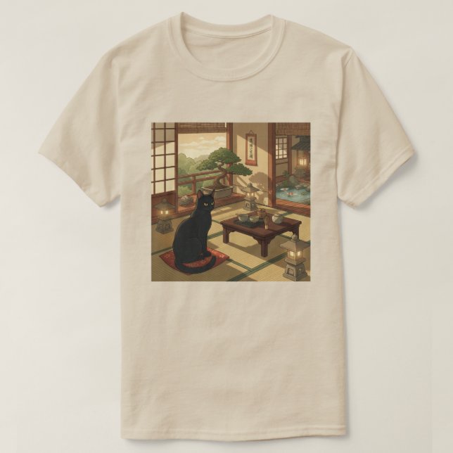 Camiseta Jardín Zen Gato Negro  (Diseño del anverso)