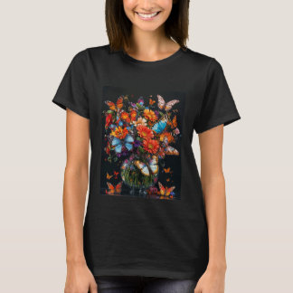 Camiseta Jarrón de vidrio con mariposas y flores de colores