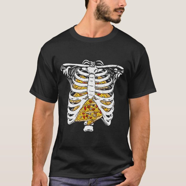 Camiseta Jaula de costillas de esqueleto con pizza Feliz Dí (Anverso)