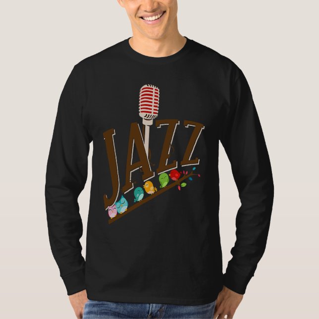 Camiseta jazz music instrument microphone birds singing (Anverso)