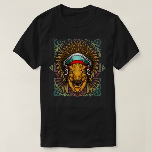 Camiseta Jefe de toros de búfalo nativo americano jefe indi (Diseño del anverso)