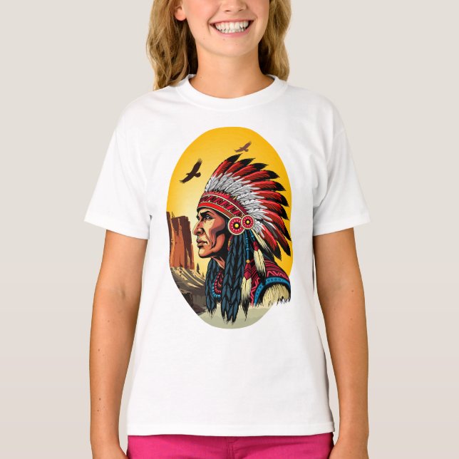 Camiseta Jefe nativo americano en el salvaje atardecer pais (Anverso)