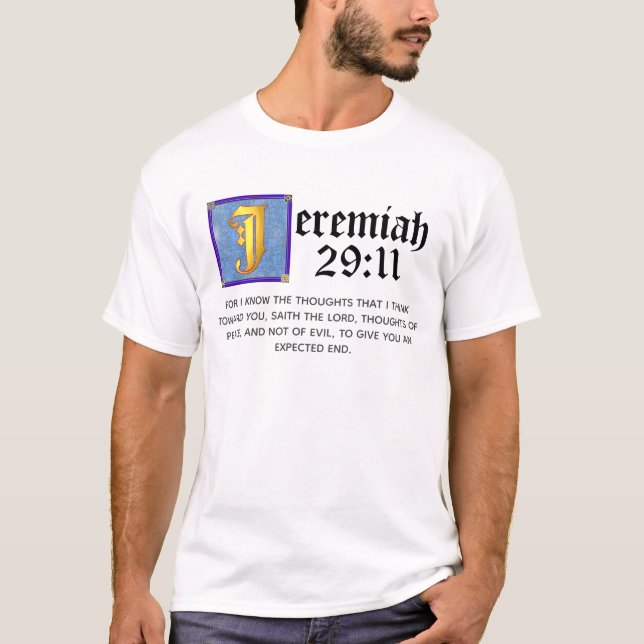 Camiseta Jeremías 29:11 Letra azul iluminada cita de la Bib (Anverso)