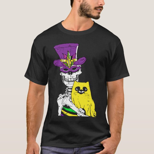 Camiseta Jester Hat Skeleton Cat Mardi Gras Bones Carnival  (Anverso)
