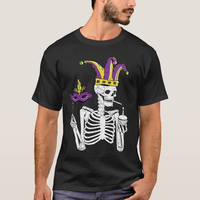 Camiseta Jester Skeleton Masquerade Party Mardi Gras Mask C (Anverso)