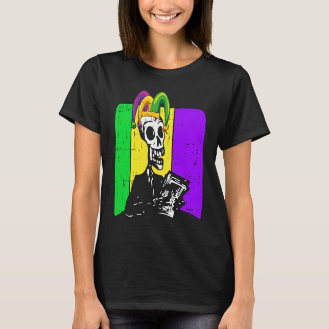 Camiseta Jester Skeleton Reading Book Mardi Gras Reader Boo (Anverso)