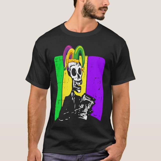 Camiseta Jester Skeleton Reading Book Mardi Gras Reader Boo (Anverso)