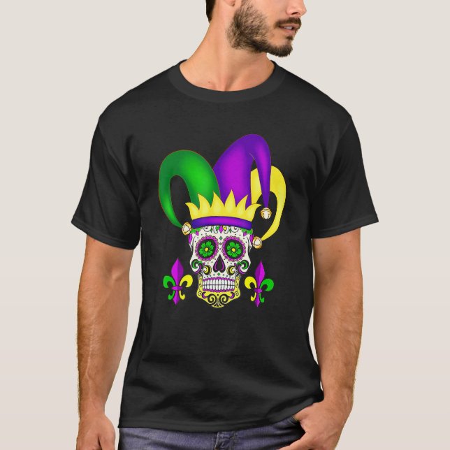 Camiseta Jester Sugar Skull Mardi Gras Party Men Women Kids (Anverso)