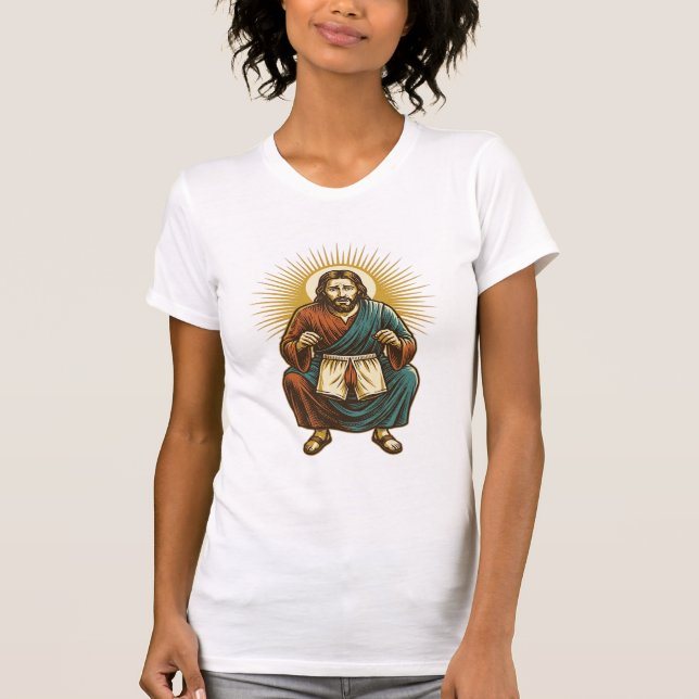 Camiseta Jesús ajustando incómodo wedgie a mitad de sentadi (Anverso)