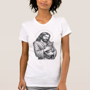 Camiseta Jesús Antiguo Sosteniendo Grabado de Gato Gráfico_