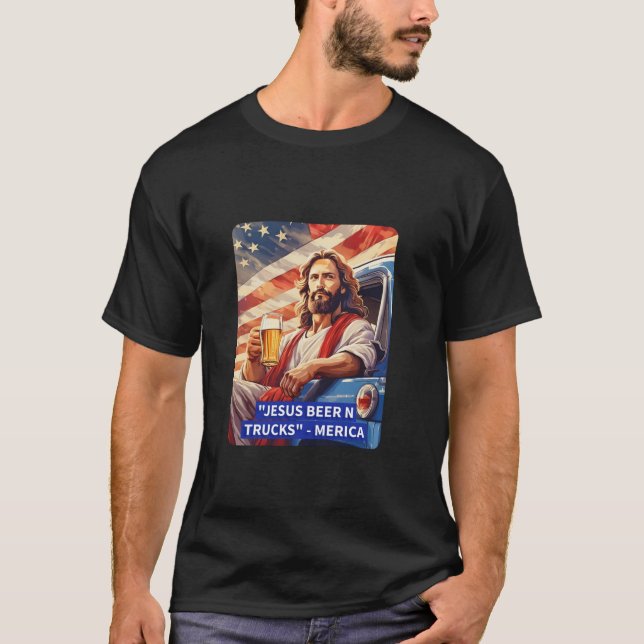 Camiseta Jesús Cerveza y camionetas Patriota divertida band (Anverso)