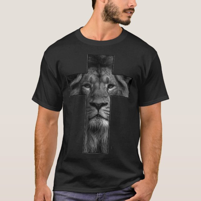 Camiseta Jesús cruza con cara de león, fe en Dios (Anverso)