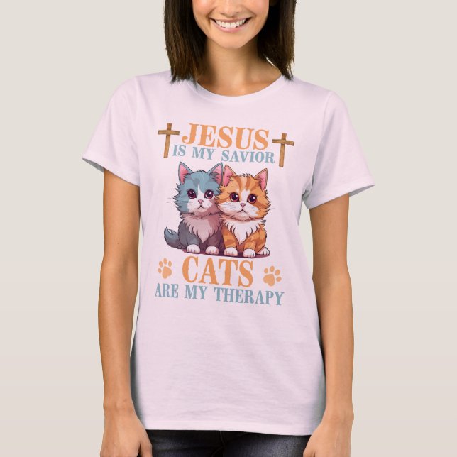 Camiseta Jesús es mi salvador gatos es mi terapia cristiana (Anverso)