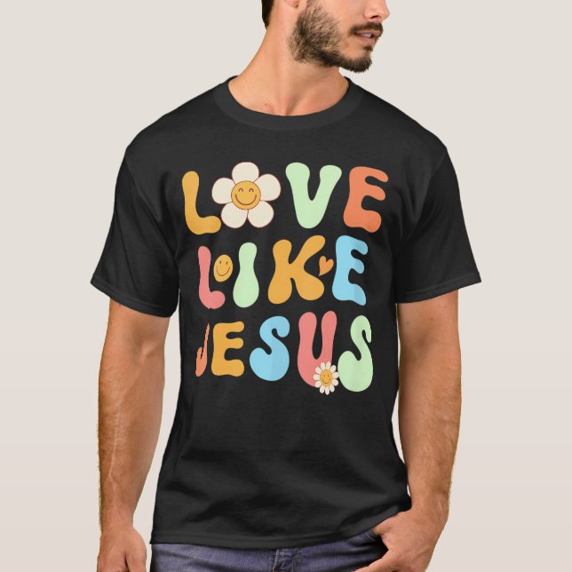 Camiseta Jesús Groovy para las mujeres Amor como Jesús V-Cu (Anverso)