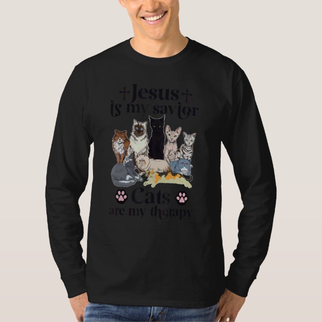 Camiseta Jesus Is My Savior Cats Are My Therapy (Anverso)