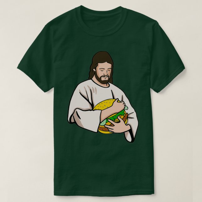 Camiseta Jesus Loves Burgers Jesus Holding A Burger (Diseño del anverso)