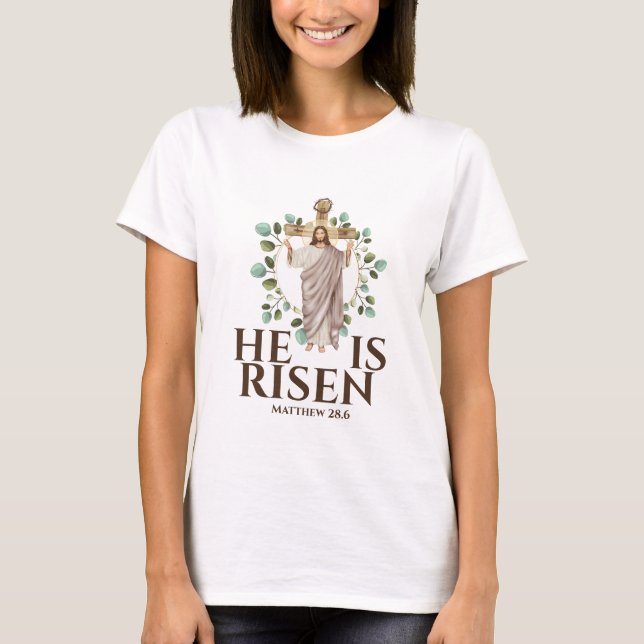 Camiseta Jesús Mateo 28.6 Se levanta en vacaciones de Pascu (Anverso)