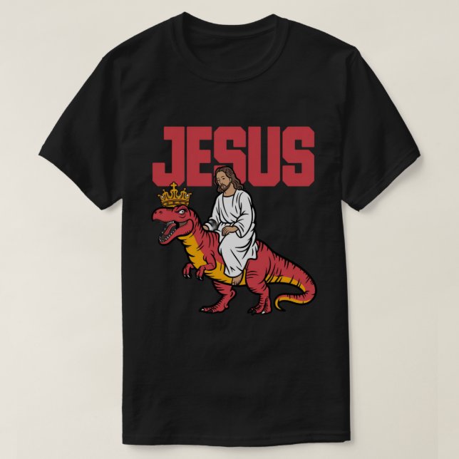 Camiseta Jesús Memes Graciosos, Jesús Monta Dinosaurios Ros (Diseño del anverso)