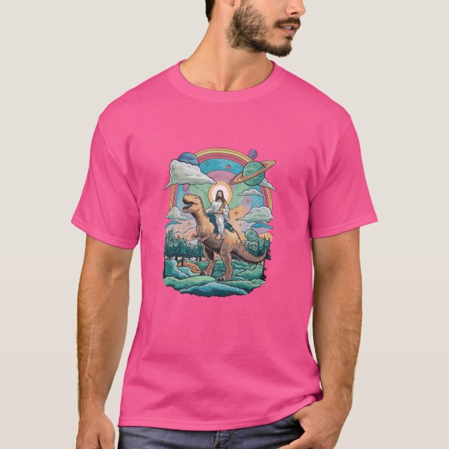 Camiseta Jesús montando en T-Rex Dinosaurio Espacial Meme C (Anverso)