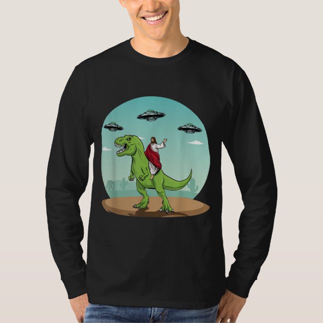 Camiseta Jesús Montando Un Dinosaurio Gracioso Bigfoot UFO  (Anverso)