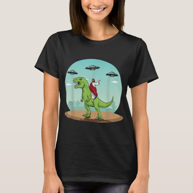 Camiseta Jesús Montando Un Dinosaurio Gracioso Bigfoot UFO  (Anverso)
