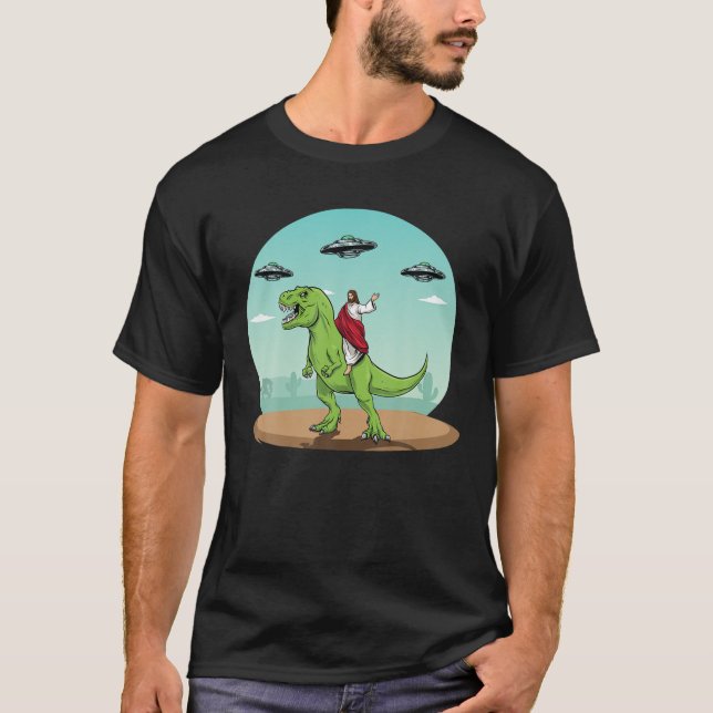 Camiseta Jesús Montando Un Dinosaurio Gracioso Bigfoot UFO  (Anverso)