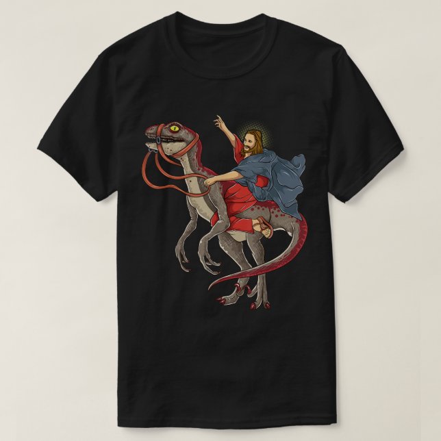 Camiseta Jesús montando un paro de dinosaurio (Diseño del anverso)
