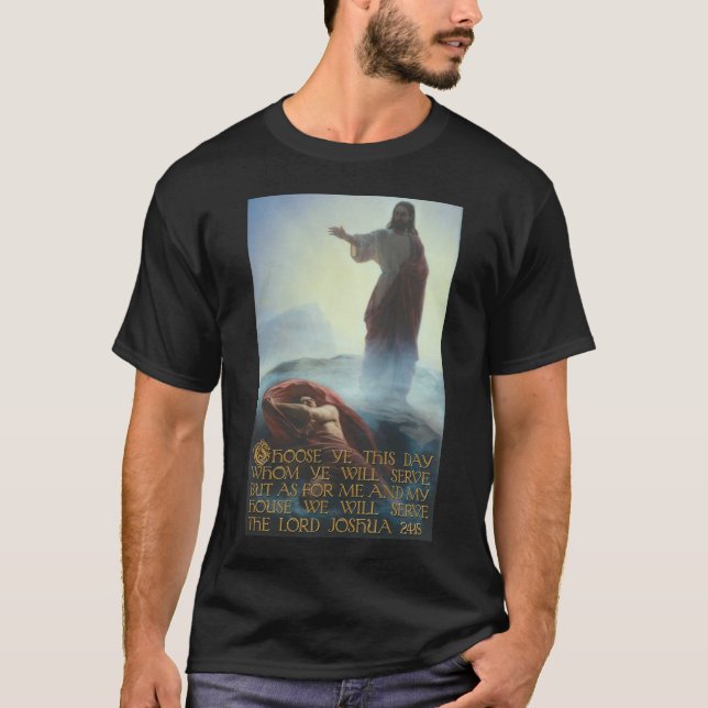 Camiseta Jesús que derrota el 24:15 de Satan y de Joshua (Anverso)