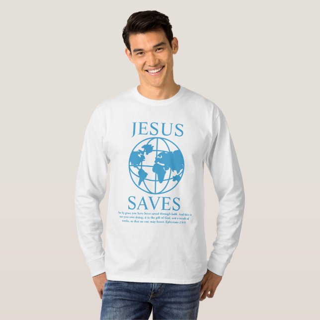 Camiseta Jesús salva el azul del gráfico 90 (Anverso completo)