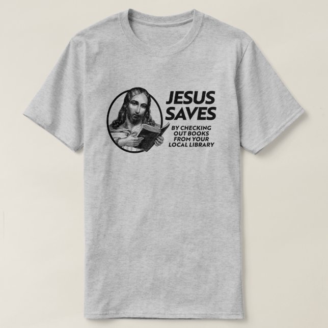 Camiseta Jesús salva revisando los libros de la biblioteca (Diseño del anverso)