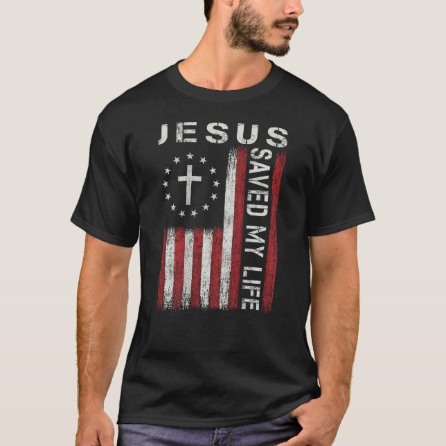 Camiseta Jesús Salvó Mi Vida Dios Cristiano Fe Bandera Cruz (Anverso)