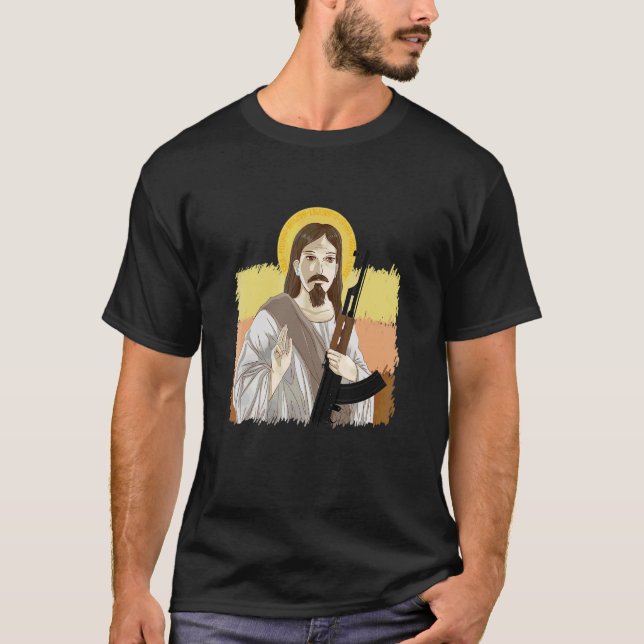 Camiseta Jesús Sostenía Ak 47 Arma Metalizado Peligrosa Ak  (Anverso)