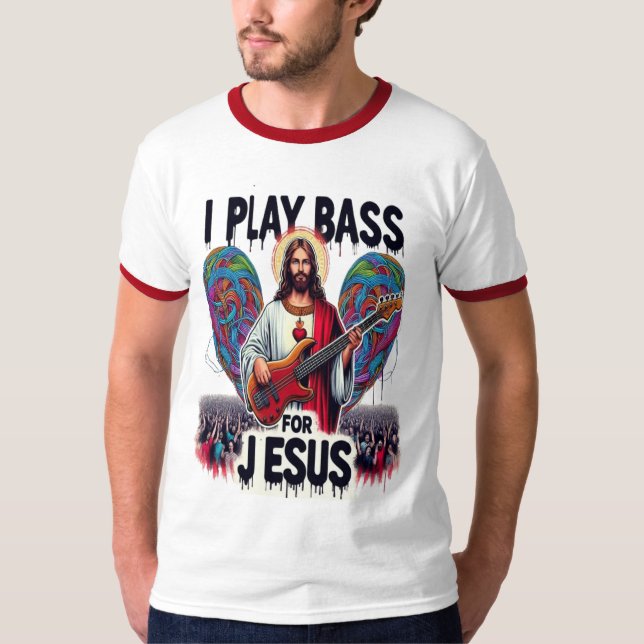 Camiseta Jesús sostiene una guitarra de bajo (Anverso)